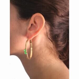 Vintage Crafted 14K Gold Filled Textured Hoop Earrings | Peridot Crystal Accents